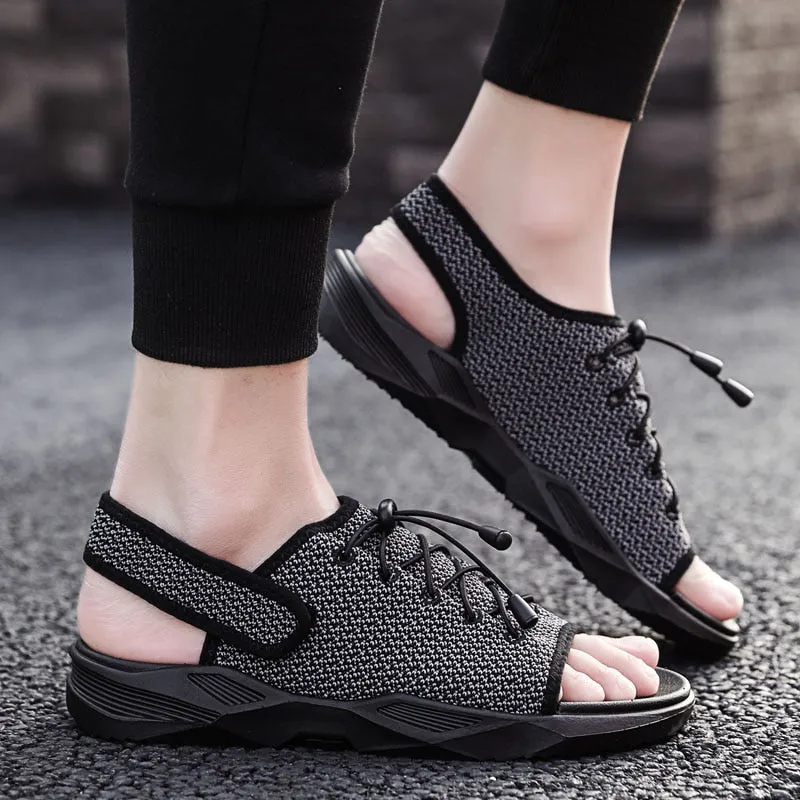 Mens Beach Flat Sandals Peep Toe Black Shoes Walking Sandalias Hombre Verano Sole Flat Shoe Laces