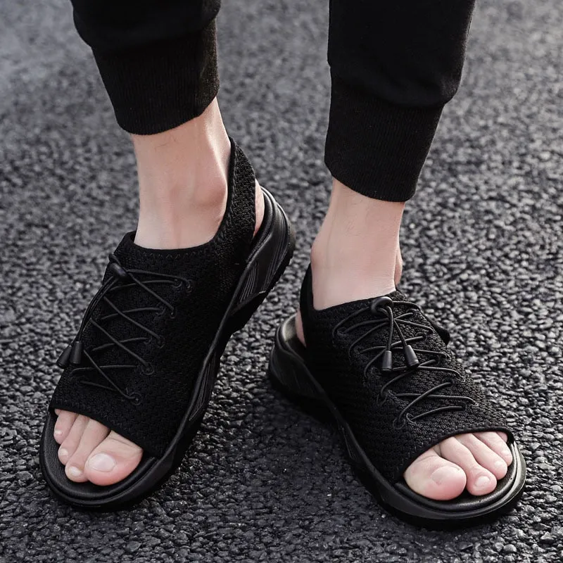 Mens Beach Flat Sandals Peep Toe Black Shoes Walking Sandalias Hombre Verano Woven Leather Flat Shoes