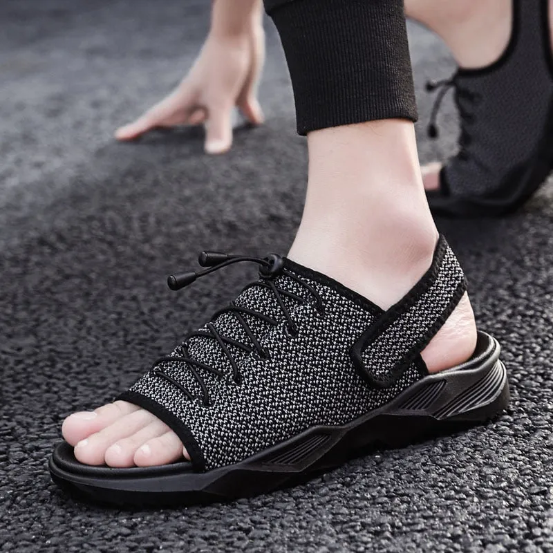 Flat Feet Supination Running Shoes Mens Beach Flat Sandals Peep Toe Black Shoes Walking Sandalias Hombre Verano