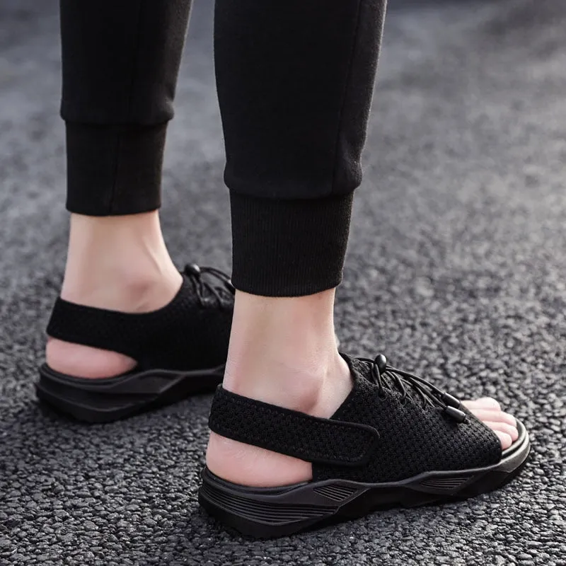 Mens Beach Flat Sandals Peep Toe Black Shoes Walking Sandalias Hombre Verano Flat Shoes Hurt Feet