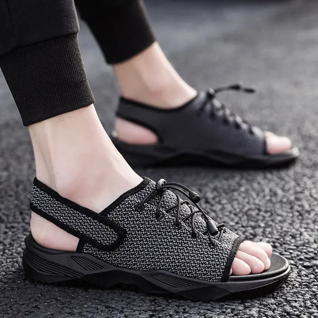 Mens Beach Flat Sandals Peep Toe Black Shoes Walking Sandalias Hombre Verano Bridal Shoes Ballerina Flats