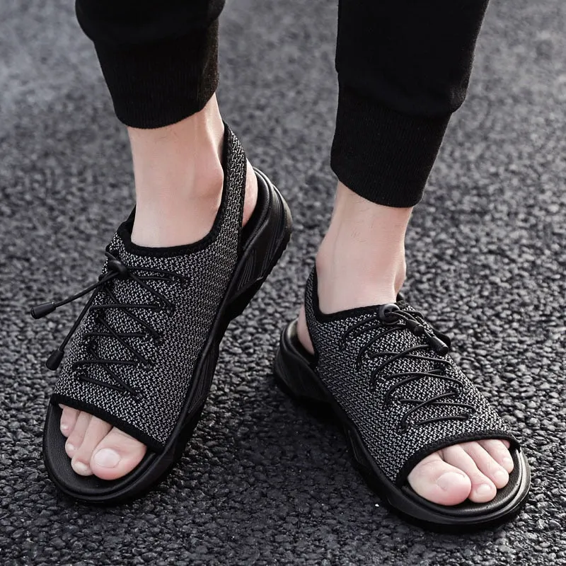 So Danca Flat Shoes Mens Beach Flat Sandals Peep Toe Black Shoes Walking Sandalias Hombre Verano