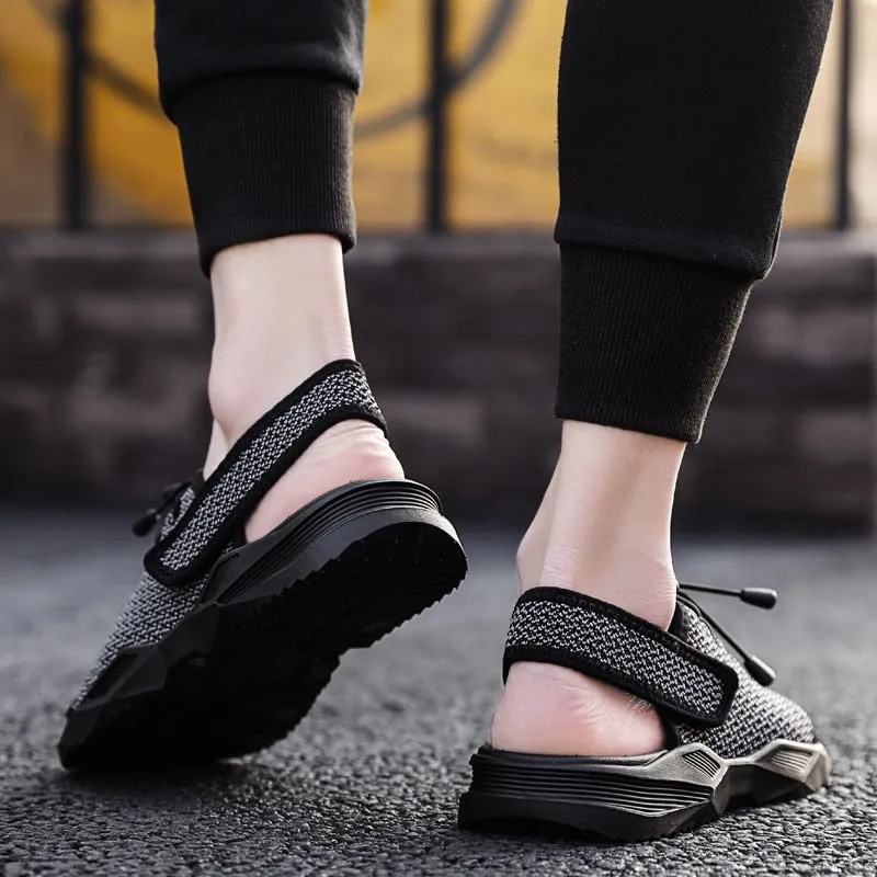 Mens Beach Flat Sandals Peep Toe Black Shoes Walking Sandalias Hombre Verano Flat Flexible Walking Shoes