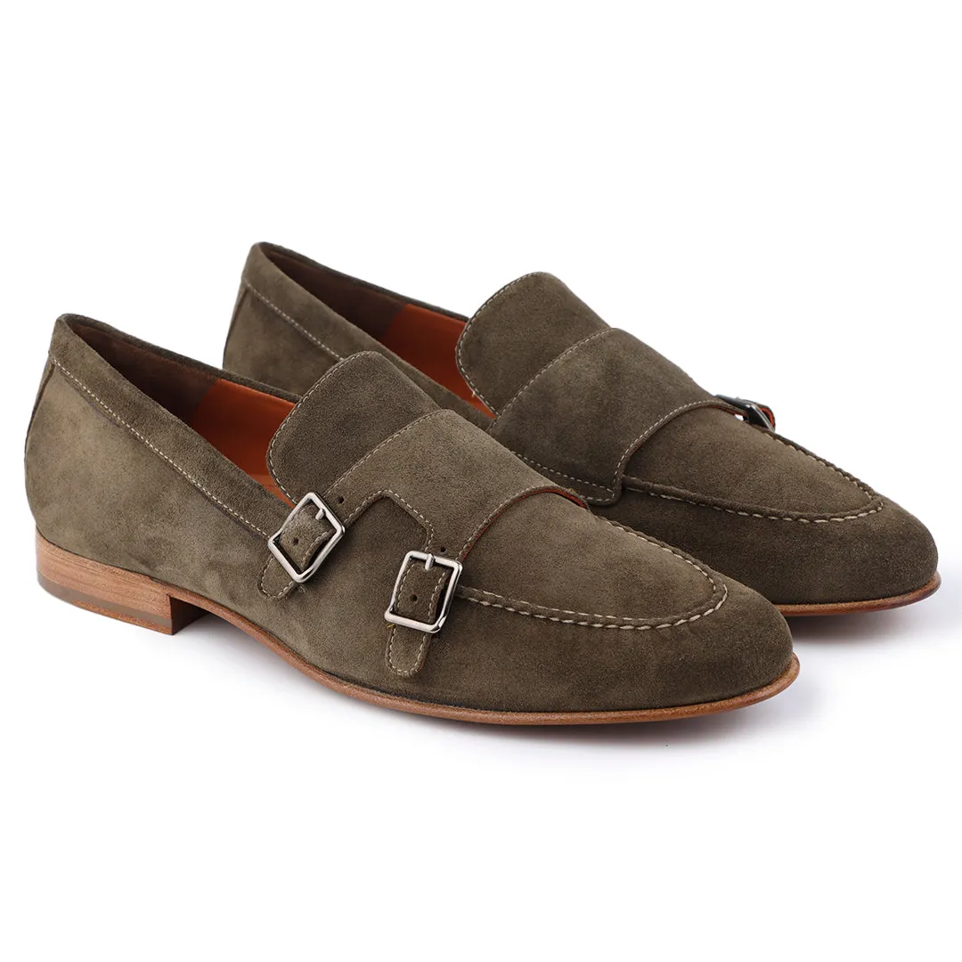 Mens green suede monkstrap shoes Loafers Skin