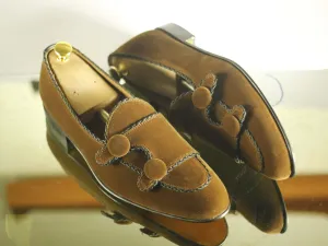 Men's Handmade Brown Velvet Loafers, Men Double Monk Strap Shoes, Men Designer Formal Dress Luxury Shoes Fabric Flat Shoes
