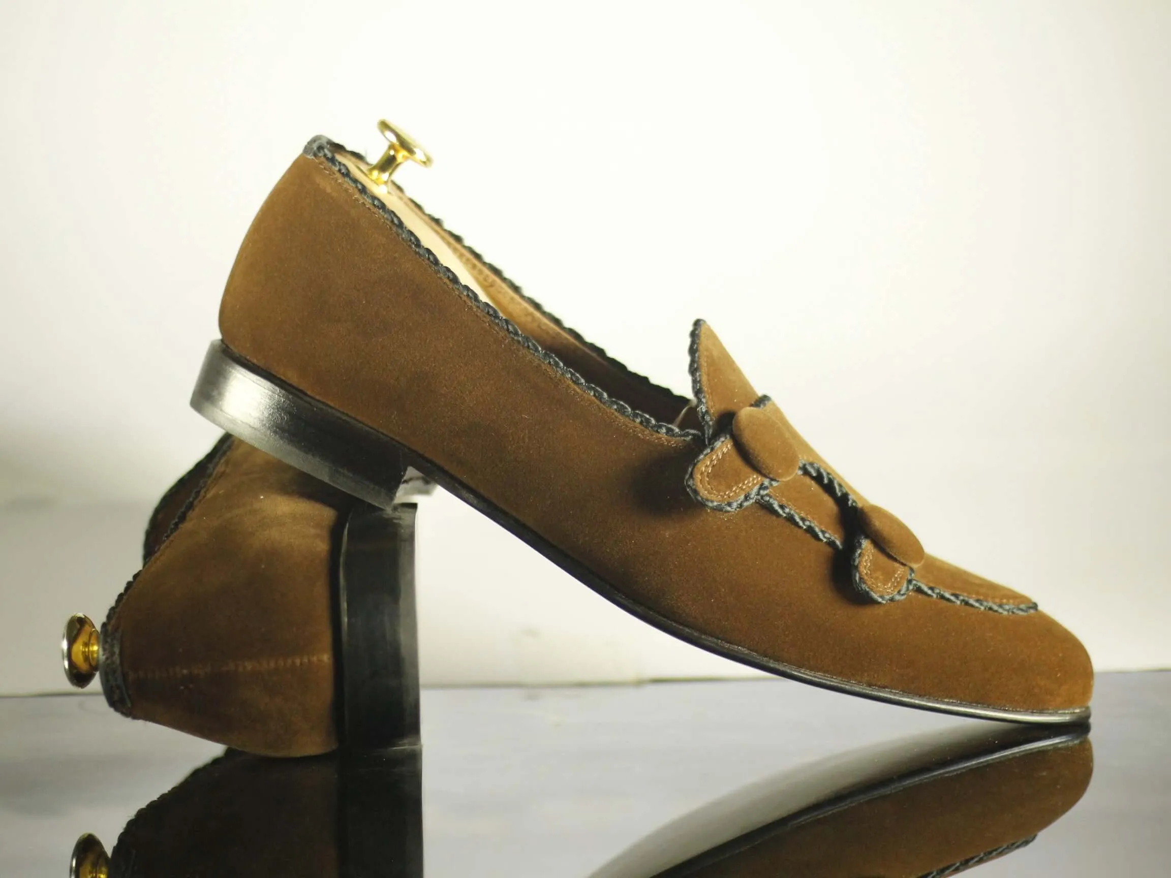 Shoes Flats Size 10 Men's Handmade Brown Velvet Loafers, Men Double Monk Strap Shoes, Men Designer Formal Dress Luxury Shoes