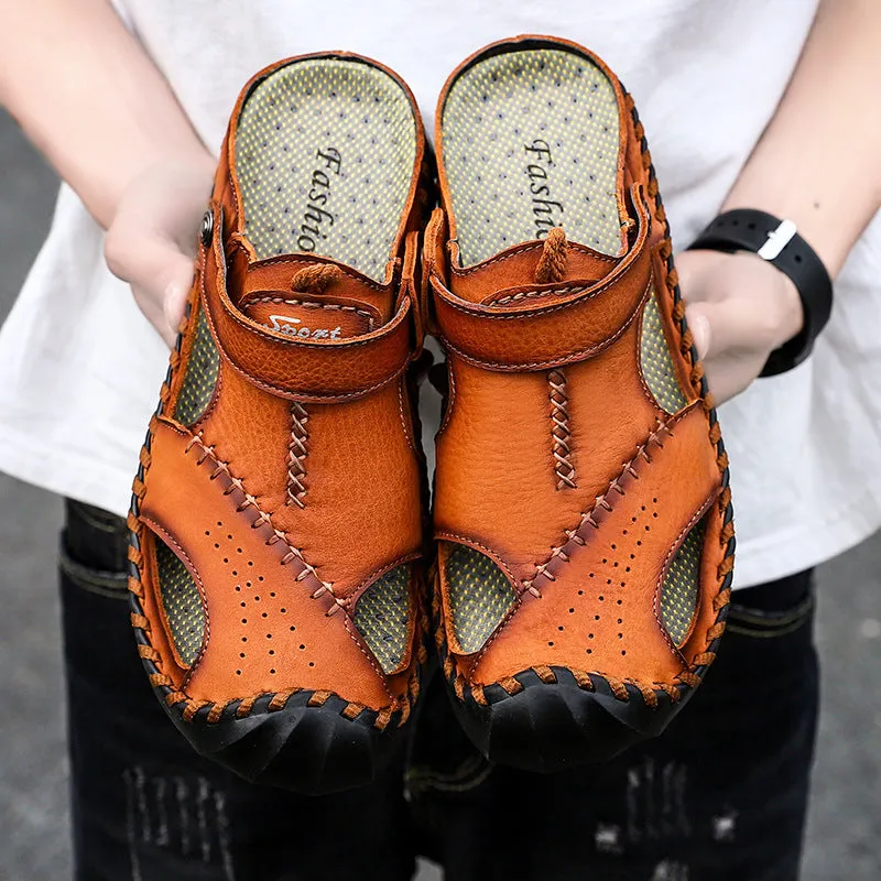 Men's Large Size Breathable Slippers Two-layer Leather Casual Shoes Summer Beach Shoes Men Plush Slippers