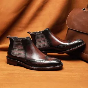 Flat Shoes Or Arch Support Men's Winter Boots Genuine Cow Leather Chelsea Boots Brogue Ankle Flat Shoes