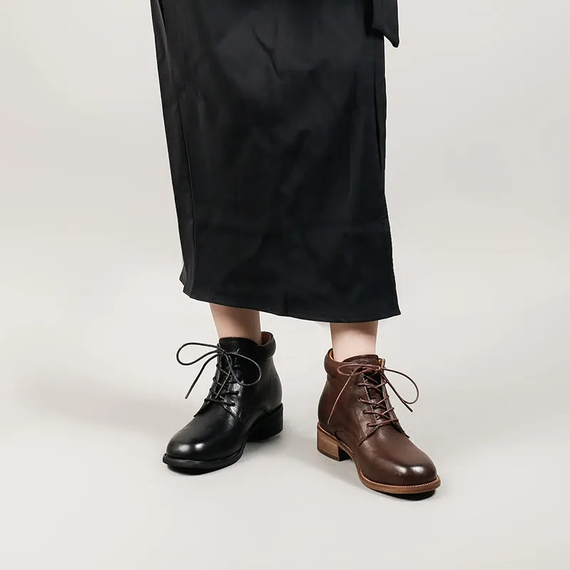 Women's  Low Heel Lace-Up Ankle Martin Boots in Handmade Glossy Leather Antony's Oxford