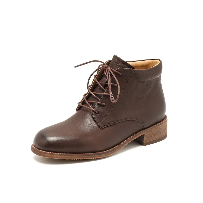 Classic Oxfords Women's  Low Heel Lace-Up Ankle Martin Boots in Handmade Glossy Leather