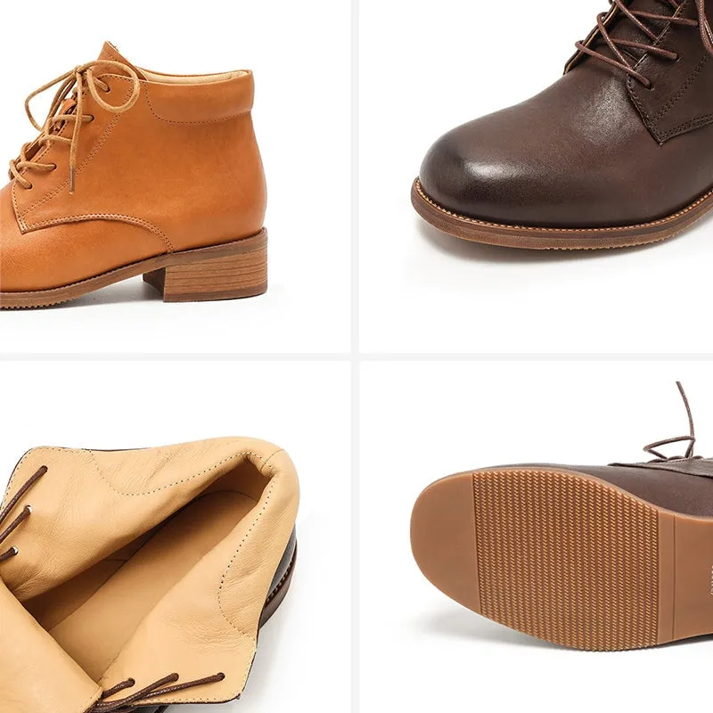 Women's  Low Heel Lace-Up Ankle Martin Boots in Handmade Glossy Leather Bronze Oxfords