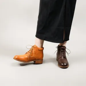 Women's  Low Heel Lace-Up Ankle Martin Boots in Handmade Glossy Leather Bethesda Oxfords