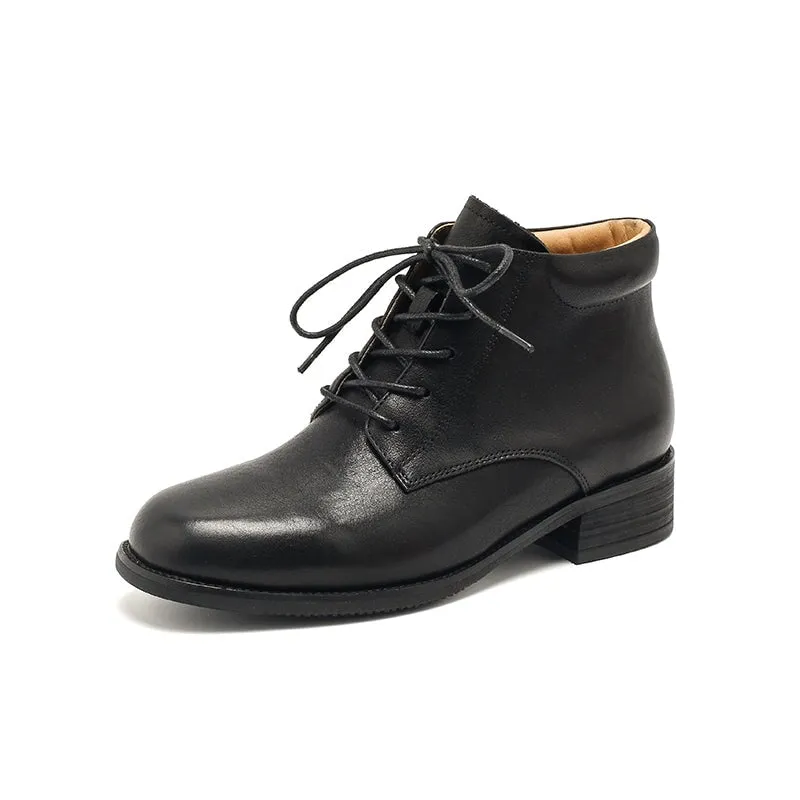 Brown Shoes Women's  Low Heel Lace-Up Ankle Martin Boots in Handmade Glossy Leather