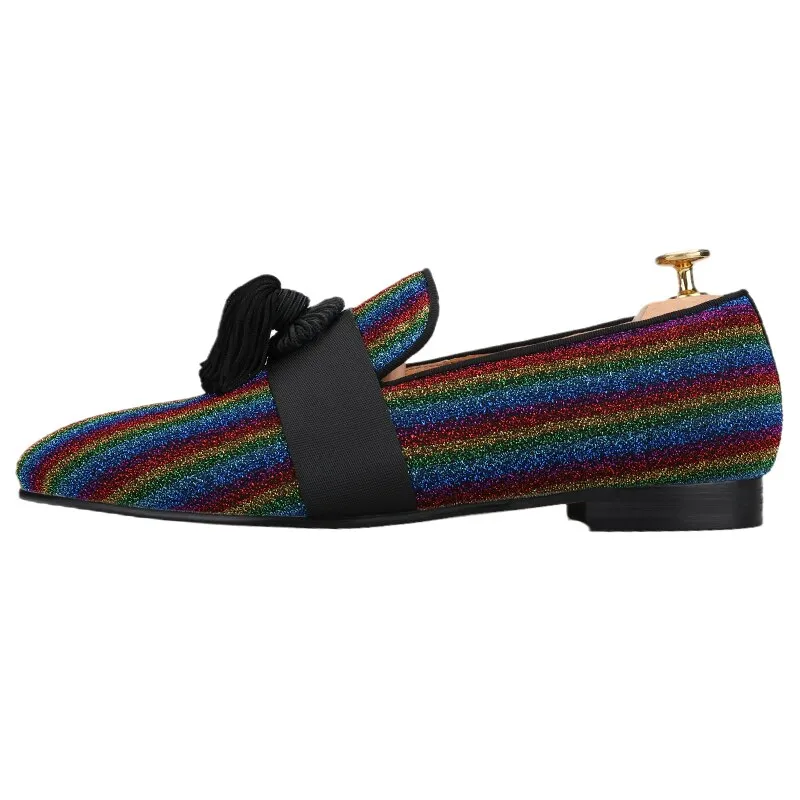 Multicolor Lurex Canvas Slippers Fringed Embellishments Handcrafted Men Loafers Used Slides