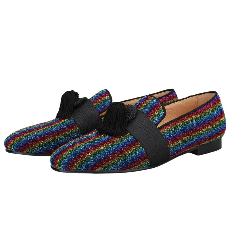 Multicolor Lurex Canvas Slippers Fringed Embellishments Handcrafted Men Loafers Christmas Slides