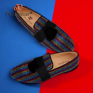 Multicolor Lurex Canvas Slippers Fringed Embellishments Handcrafted Men Loafers Bandana House Slippers