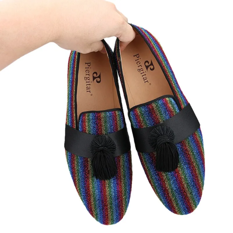 Multicolor Lurex Canvas Slippers Fringed Embellishments Handcrafted Men Loafers Charlie Brown Slippers
