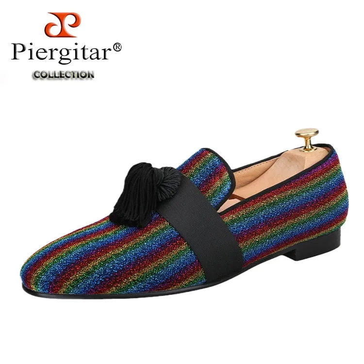 Multicolor Lurex Canvas Slippers Fringed Embellishments Handcrafted Men Loafers Croissant Slippers
