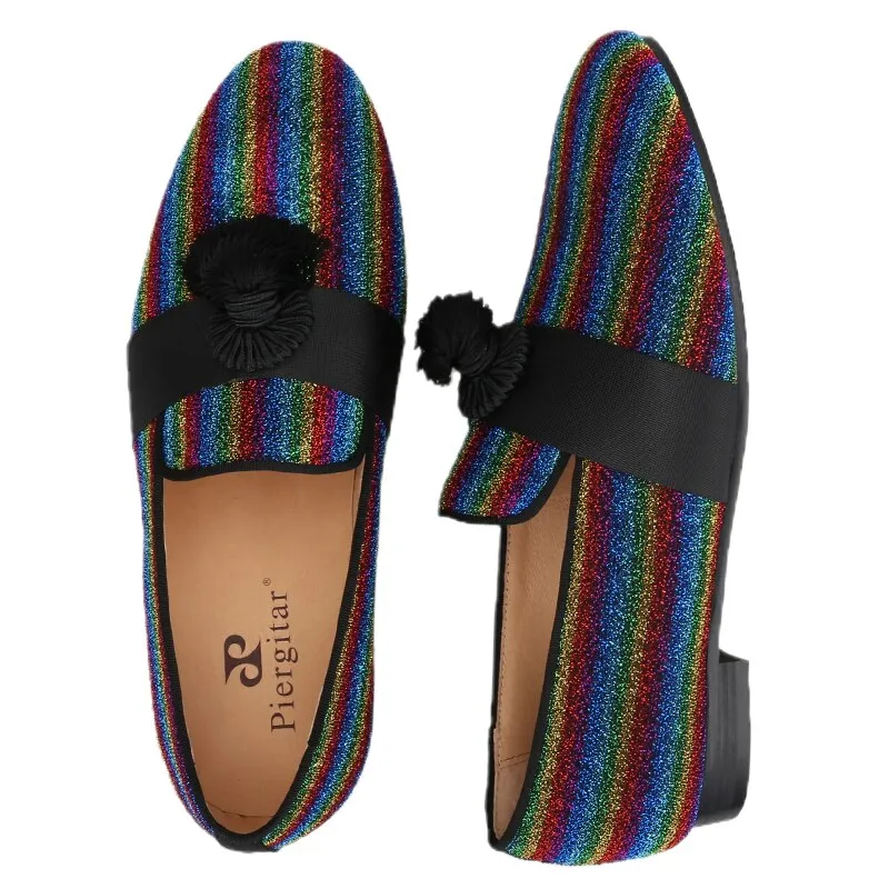 Slippers Charm Multicolor Lurex Canvas Slippers Fringed Embellishments Handcrafted Men Loafers