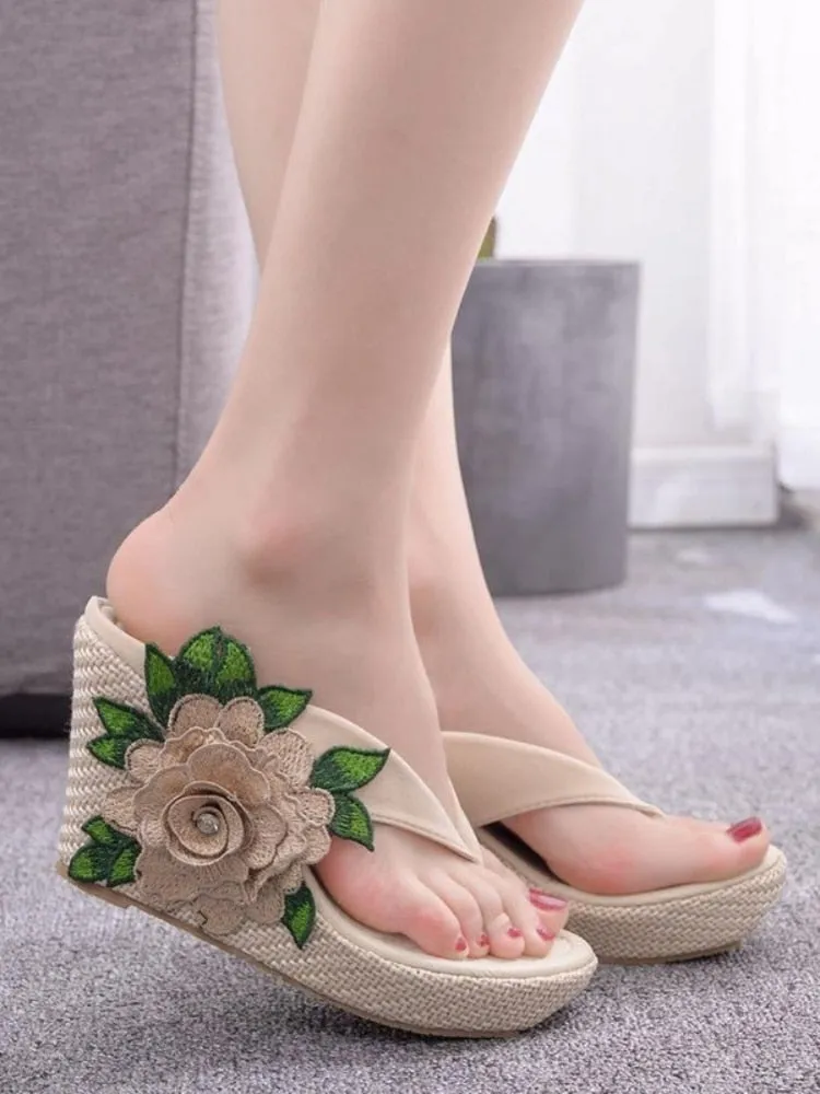 Flip Flops With Dogs On Them Summer Shoes for Women 2022 Fashion Platform Wedge Sandals Outdoor Women Height Increase Embroidered Flower Flip Flops Slippers