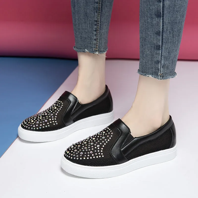 Nanccy Mesh Rhinestone Thick Sole Casual Shoes Full Leather Work Boots