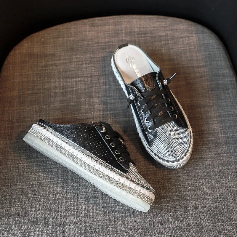 Low Cut Slip On Work Boots Nanccy Rhinestone  Hollow Breathable Sippers