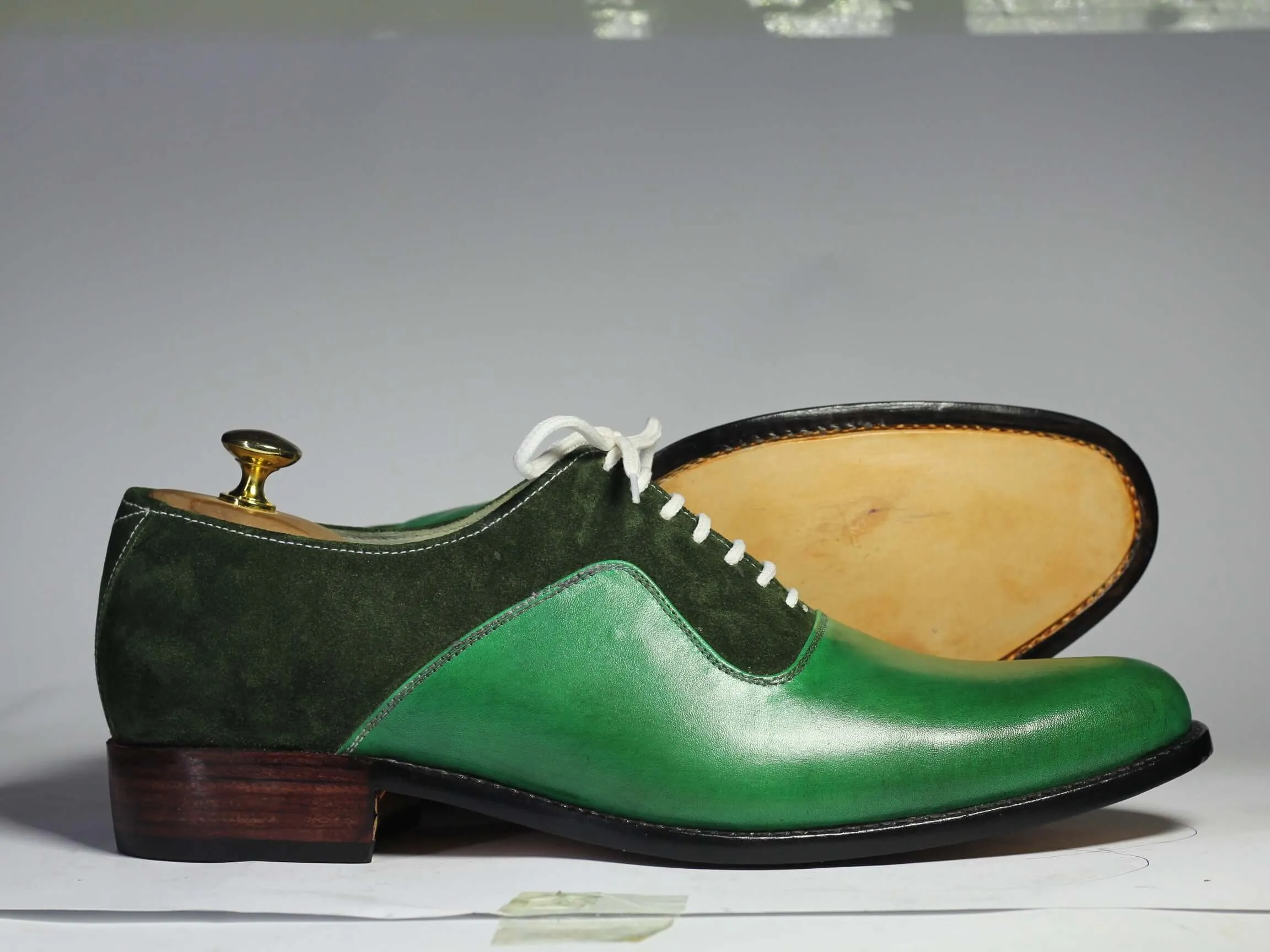 Flat Bottom Golf Shoes Handmade Men Green Leather & Suede Lace Up Shoes, Men Dress Formal Designer Shoes