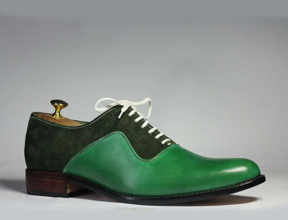 Diy Flat Shoes Handmade Men Green Leather & Suede Lace Up Shoes, Men Dress Formal Designer Shoes