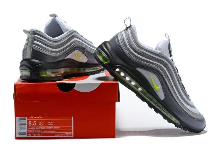 Asics Shoe Print Nike Air Max 97 Carbon Grey Fludredsent Green Shoes Sale Men Size US 7, 8, 8.5, 9, 10, 11