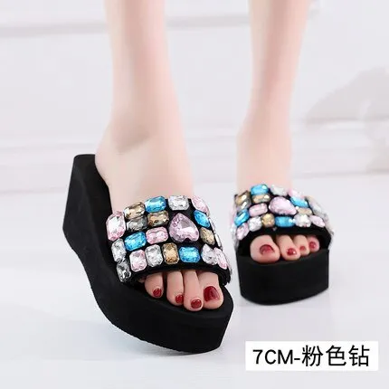 Flip Flops Miami Beach Shoes Women 2019 Summer High Platform Sandals Wedge Flip Flops Slope Handmade Slippers Female Crystal Flower Shoes