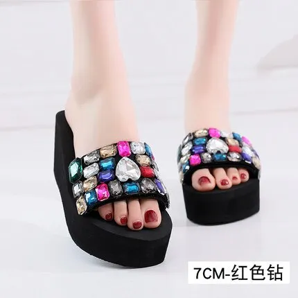 Outlet Flip Flops Beach Shoes Women 2019 Summer High Platform Sandals Wedge Flip Flops Slope Handmade Slippers Female Crystal Flower Shoes
