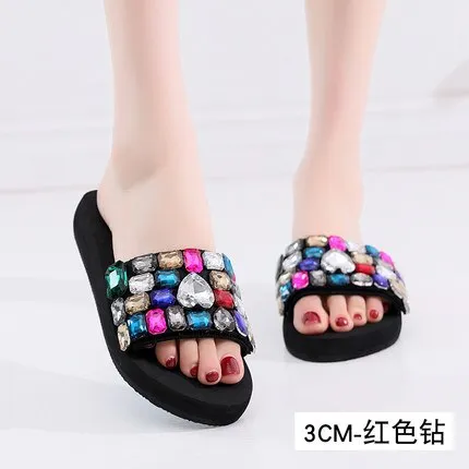 Beach Shoes Women 2019 Summer High Platform Sandals Wedge Flip Flops Slope Handmade Slippers Female Crystal Flower Shoes Non Slip Flip Flops