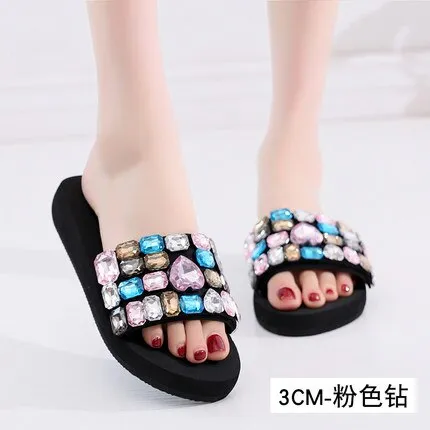 Beach Shoes Women 2019 Summer High Platform Sandals Wedge Flip Flops Slope Handmade Slippers Female Crystal Flower Shoes Flip Flops Maui