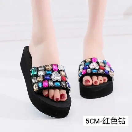 Beach Shoes Women 2019 Summer High Platform Sandals Wedge Flip Flops Slope Handmade Slippers Female Crystal Flower Shoes Man In Flip Flops