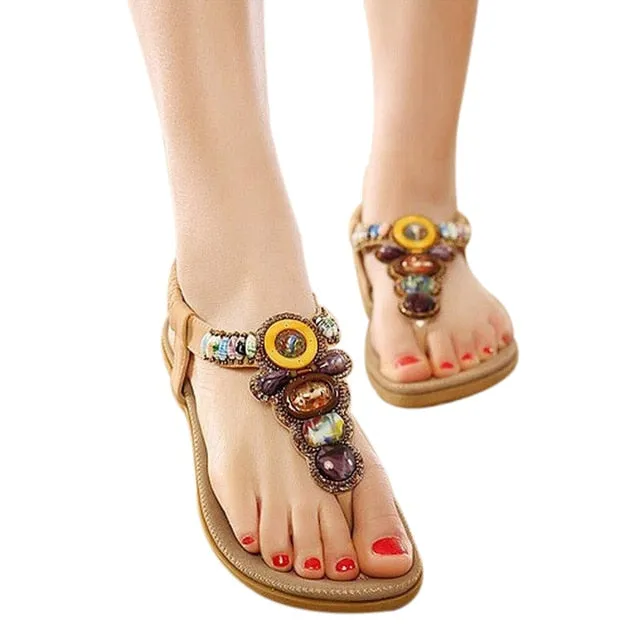 Purpdrank - Bohemian Women Sandals Gemstone Beaded Slippers Summer Beach Sandals Women Flip Flops Ladies Flat Sandals Shoes Sweat Resistant Flip Flops