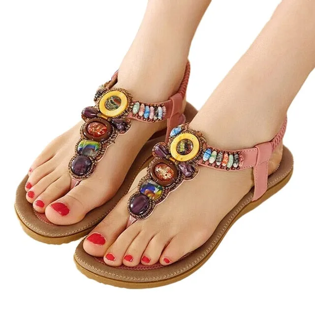 Casual Flip Flops Purpdrank - Bohemian Women Sandals Gemstone Beaded Slippers Summer Beach Sandals Women Flip Flops Ladies Flat Sandals Shoes