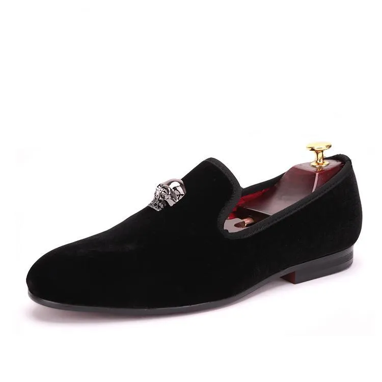 OneDrop Men Dress Shoes Skull Buckle Handmade Velvet Wedding Party Prom Loafers Vagabond Platform Loafers