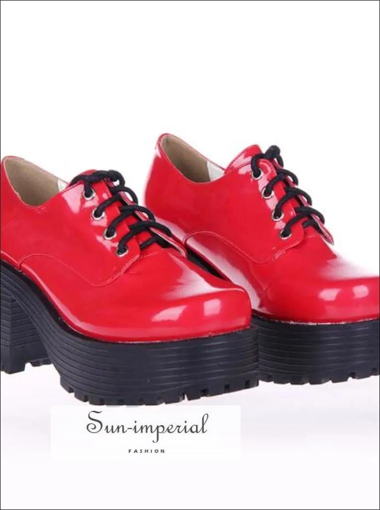 Red Punk Lace up Oxfords Vegan Leather with Short Block Heel and Chunky Treaded Soles Women Shoes Wholecut Reviews