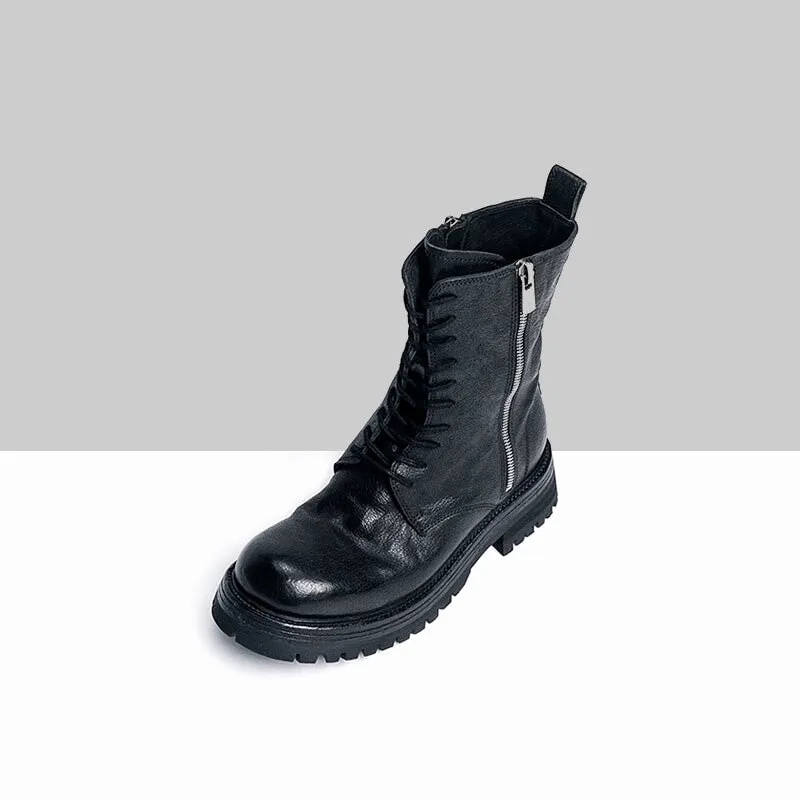 Retro Horse Leather Martin Boots For Women Sweet and Cool Ankle Boots in Dark Grey/Black Split Toe Oxford