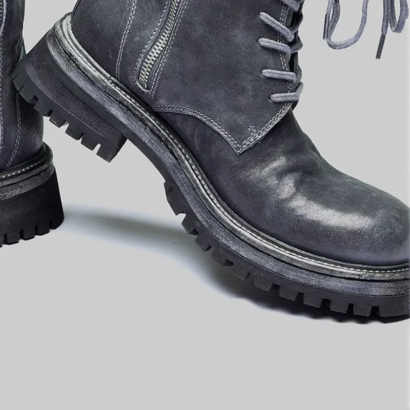 Retro Horse Leather Martin Boots For Women Sweet and Cool Ankle Boots in Dark Grey/Black Laceup Oxford