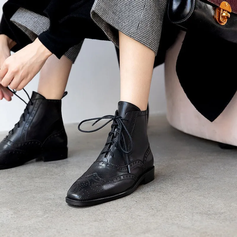 Wingtip Shoes Leather Martin Boots Block Carving Brogue Ankle Boot For Women in Black Oxfords Formal