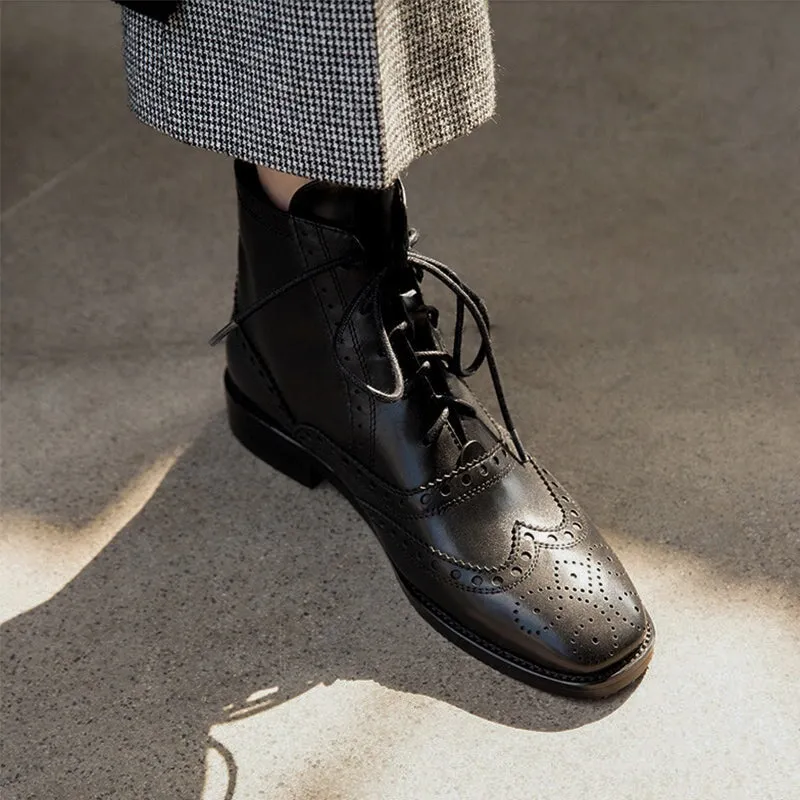 Laser Wingtip Oxfords Wingtip Shoes Leather Martin Boots Block Carving Brogue Ankle Boot For Women in Black