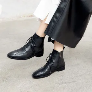 Grunge Oxfords Wingtip Shoes Leather Martin Boots Block Carving Brogue Ankle Boot For Women in Black