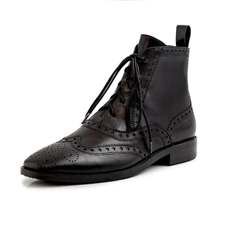 Wingtip Shoes Leather Martin Boots Block Carving Brogue Ankle Boot For Women in Black Steel Toe Oxfords