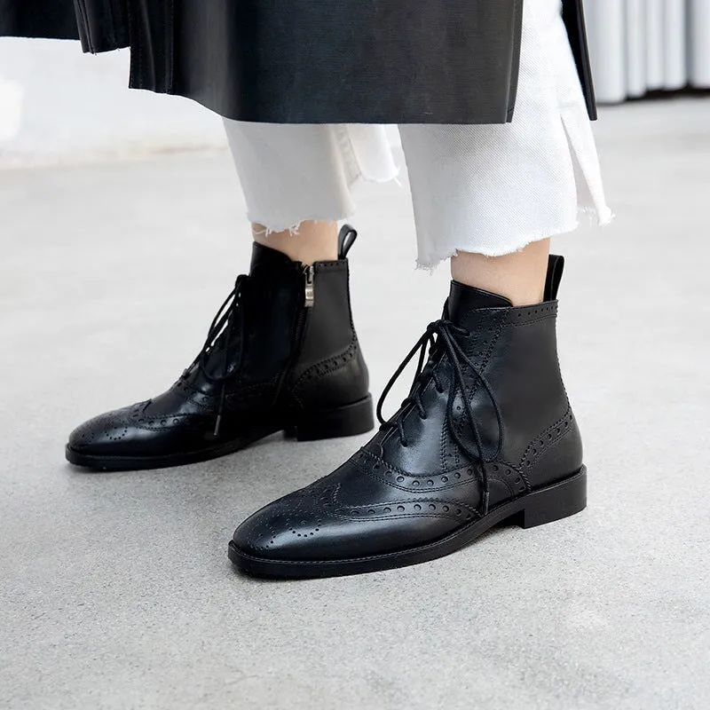 Wingtip Shoes Leather Martin Boots Block Carving Brogue Ankle Boot For Women in Black Eddie Bauer Oxfords