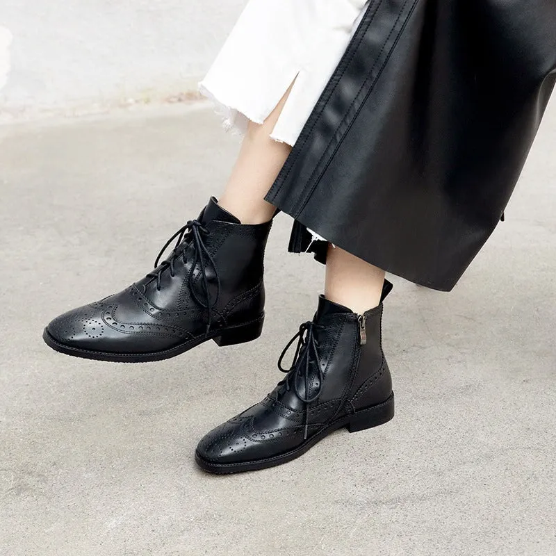 Wingtip Shoes Leather Martin Boots Block Carving Brogue Ankle Boot For Women in Black Good Oxford Shoes