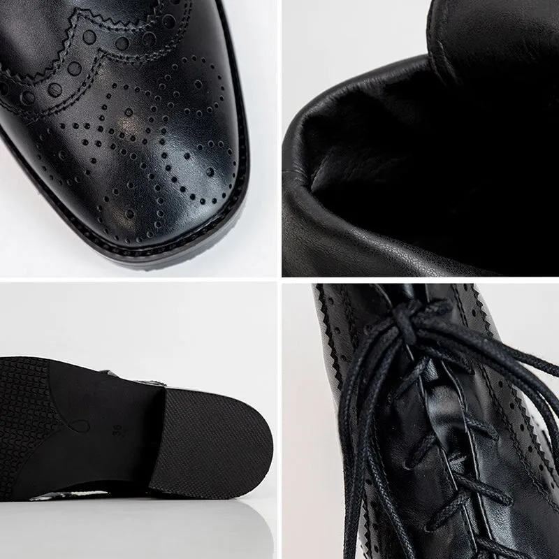 Wingtip Shoes Leather Martin Boots Block Carving Brogue Ankle Boot For Women in Black Brown Wingtip Oxfords