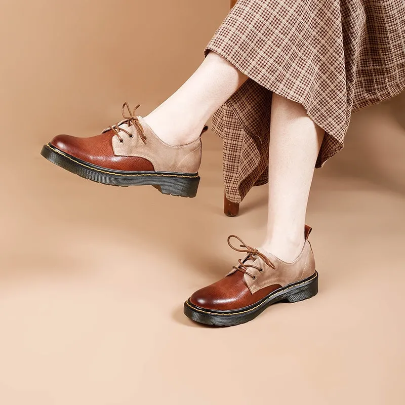 Alligator Oxfords Women's Genuine Leather Lace Up Oxford Shoes Retro Color Blocking Style