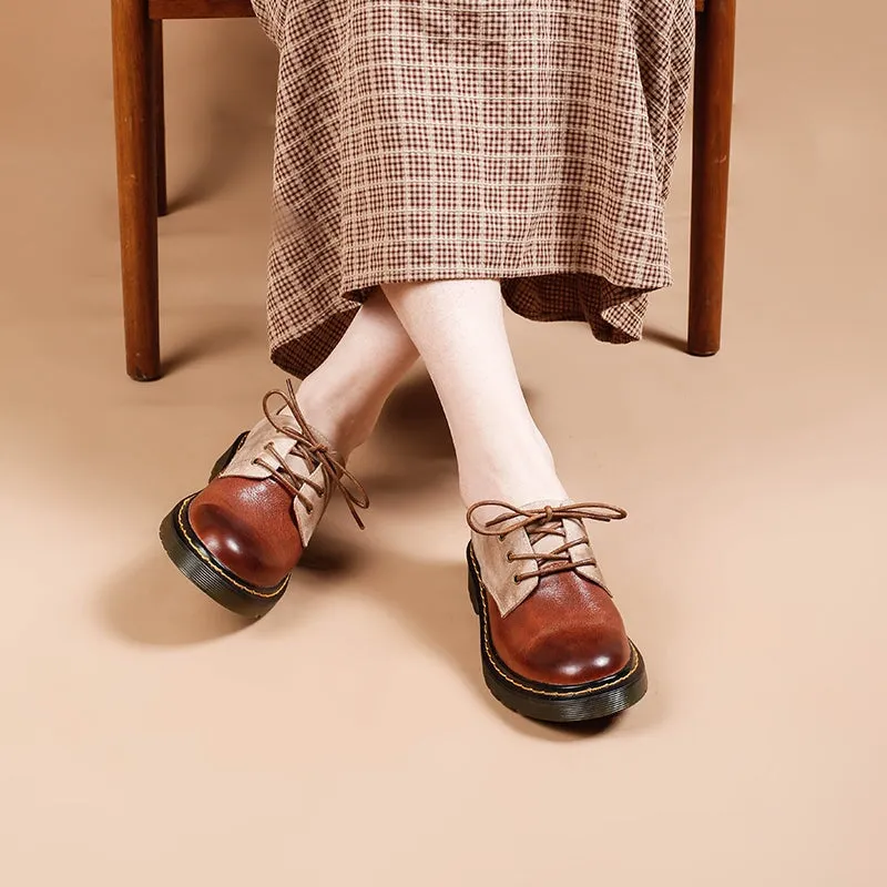 T Strap Oxfords Women's Genuine Leather Lace Up Oxford Shoes Retro Color Blocking Style
