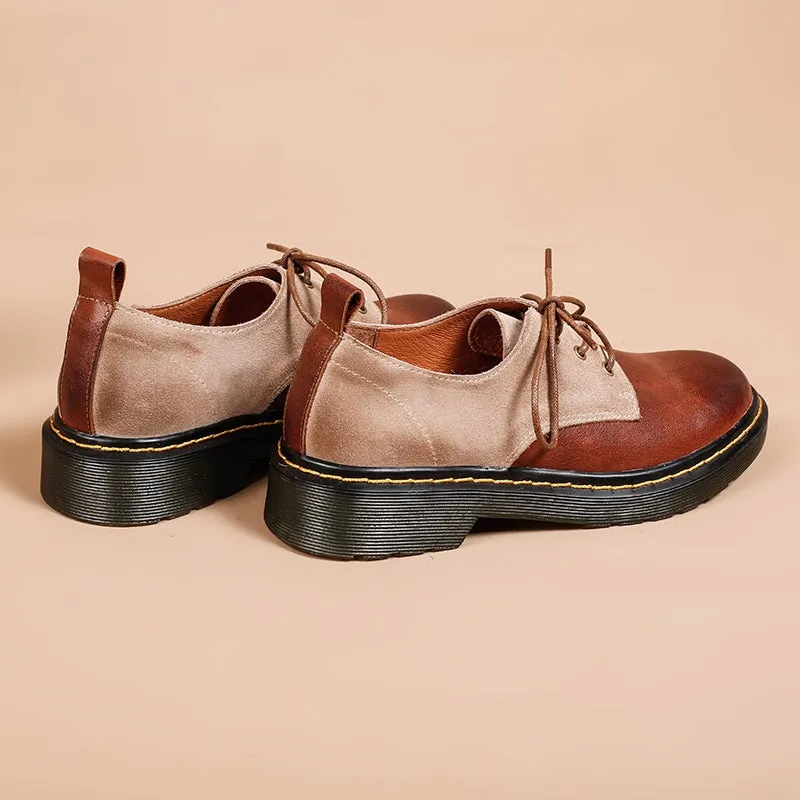 Pointy Toe Oxfords Women's Genuine Leather Lace Up Oxford Shoes Retro Color Blocking Style